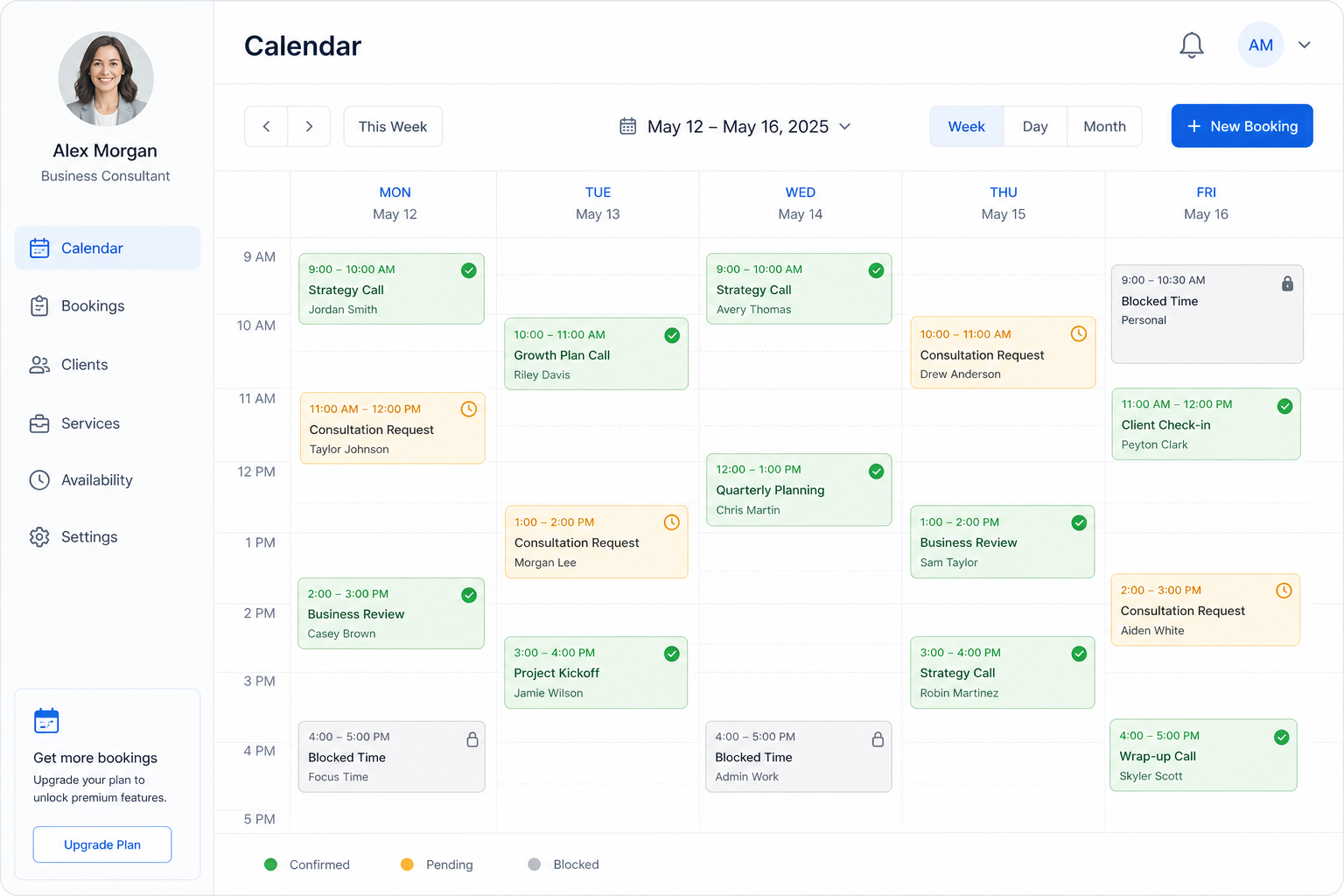 Unified owner calendar with confirmed, pending, and blocked time