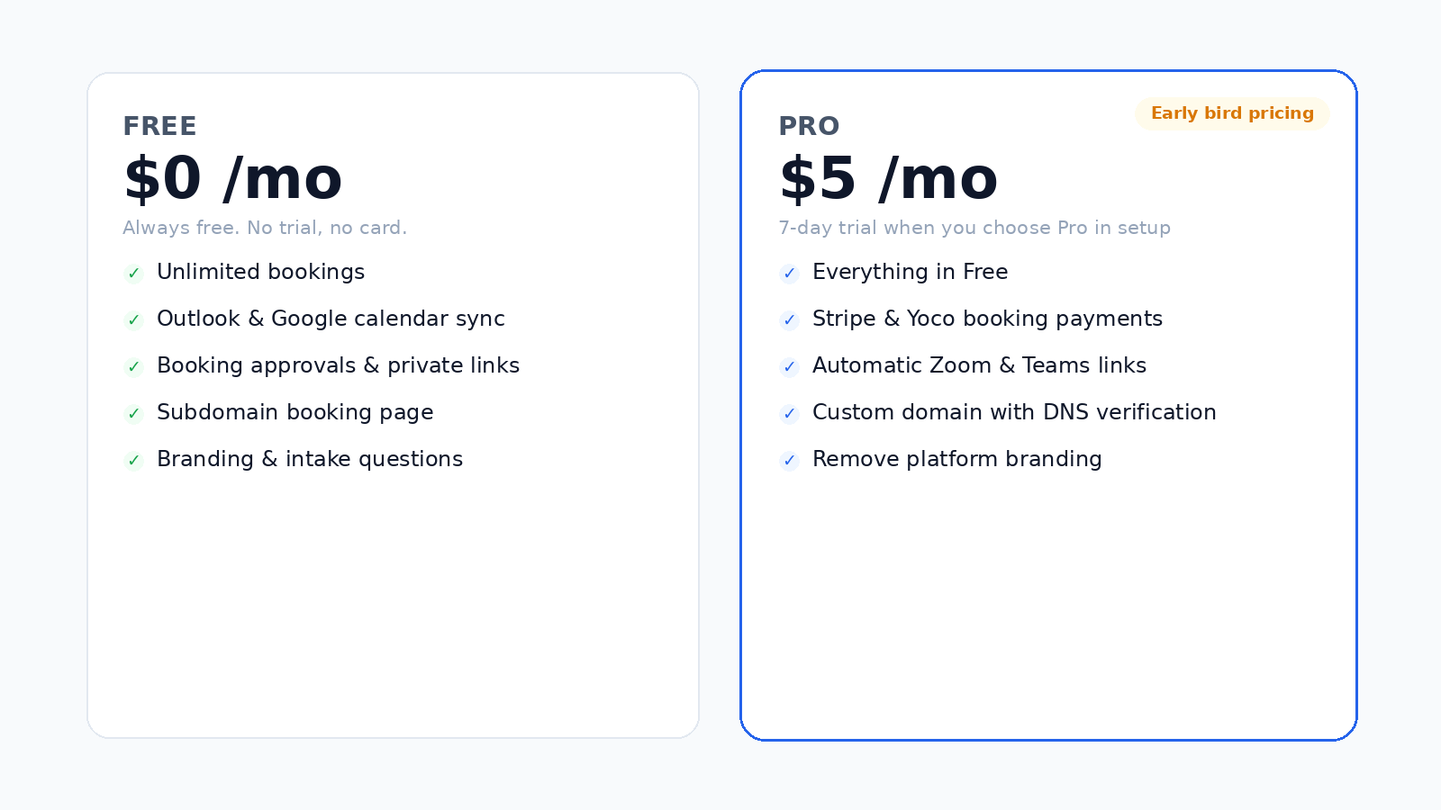Free and Pro pricing for Calendar Booking Service